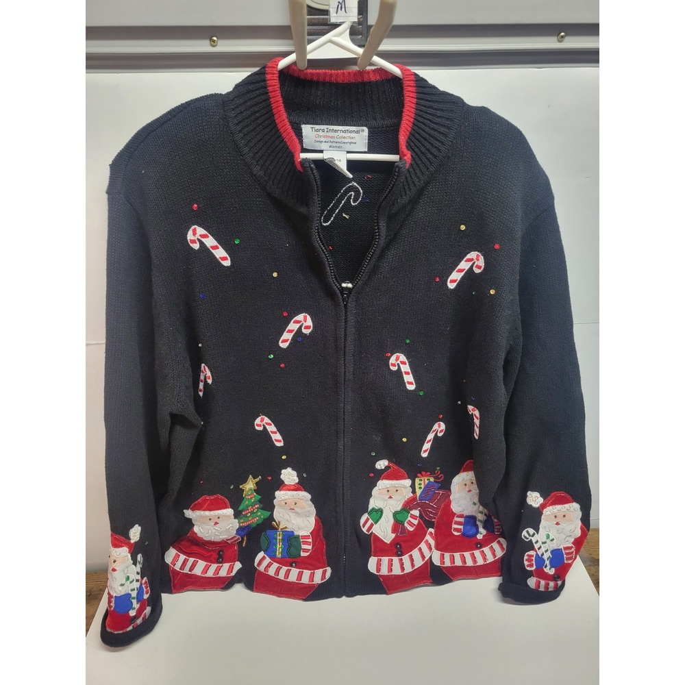 Tiara International Ugly Christmas Sweater Santa Candy Cane Zip‎ Up Cardigan
